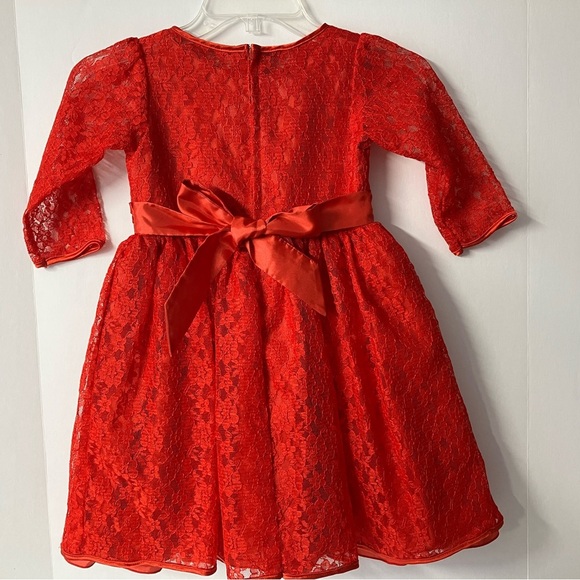 Peachy Kids Girl’s Formal Dress, Size 5, Red Floral Lace, Sash Tie - Picture 3 of 5
